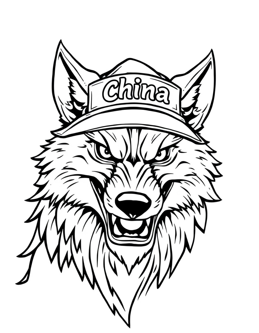 a ferocious wolf with a hat that has the name 'China' on it