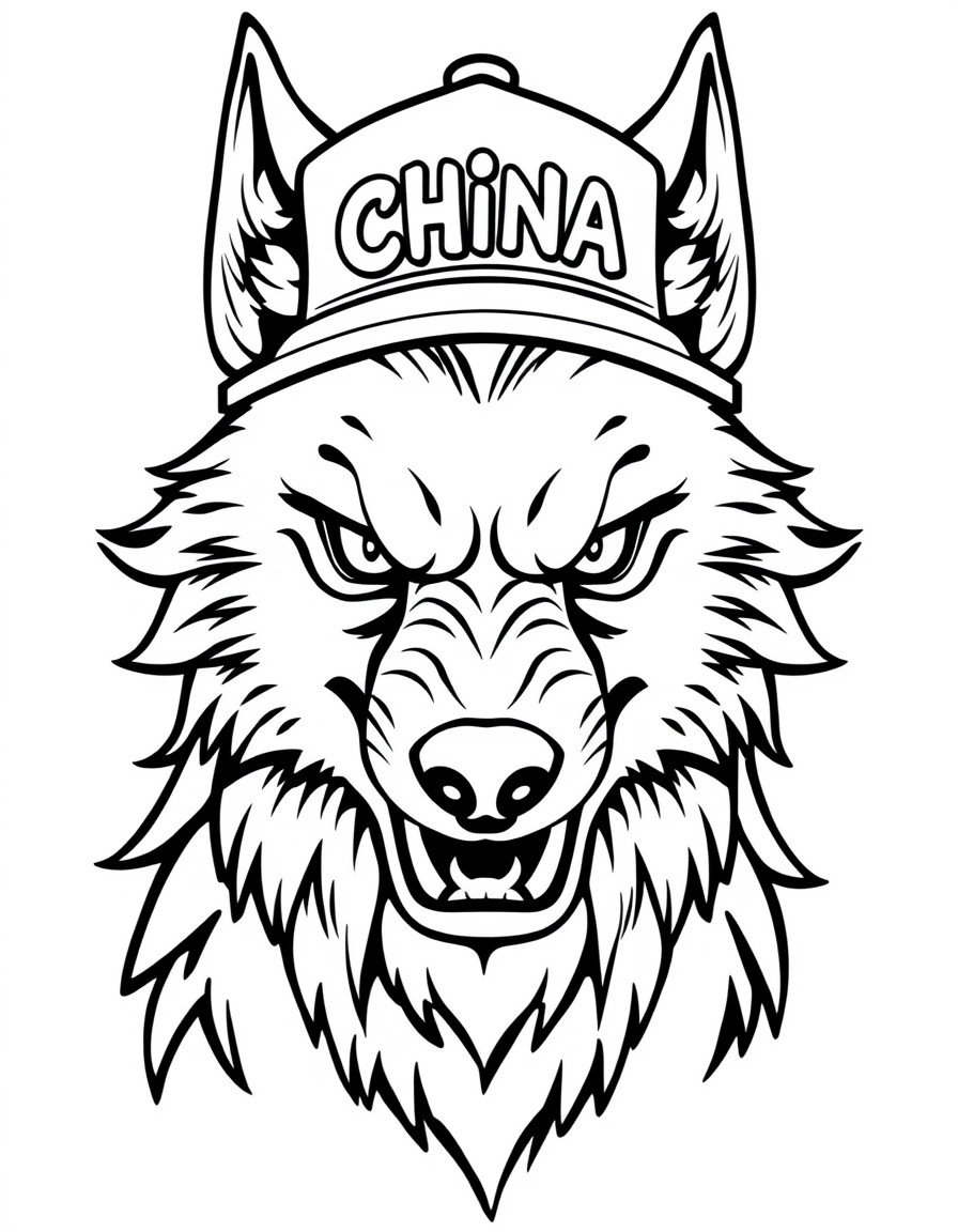 a ferocious wolf with a hat that has the name 'China' on it