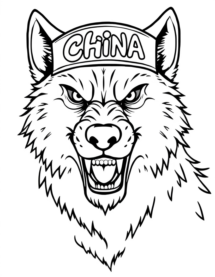 a ferocious wolf with a hat that has the name 'China' on it