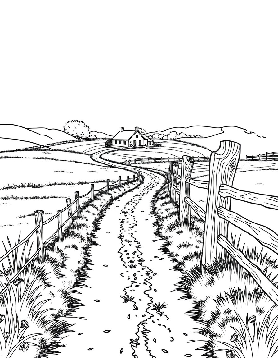 "Create a coloring page featuring a serene countryside scene. Include the following elements   A winding dirt path leading to a distant farmhouse or homestead  A rustic fence with weathered wooden pos