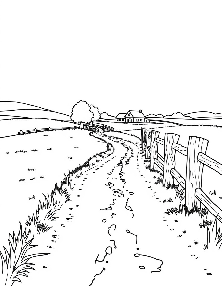 "Create a coloring page featuring a serene countryside scene. Include the following elements   A winding dirt path leading to a distant farmhouse or homestead  A rustic fence with weathered wooden pos