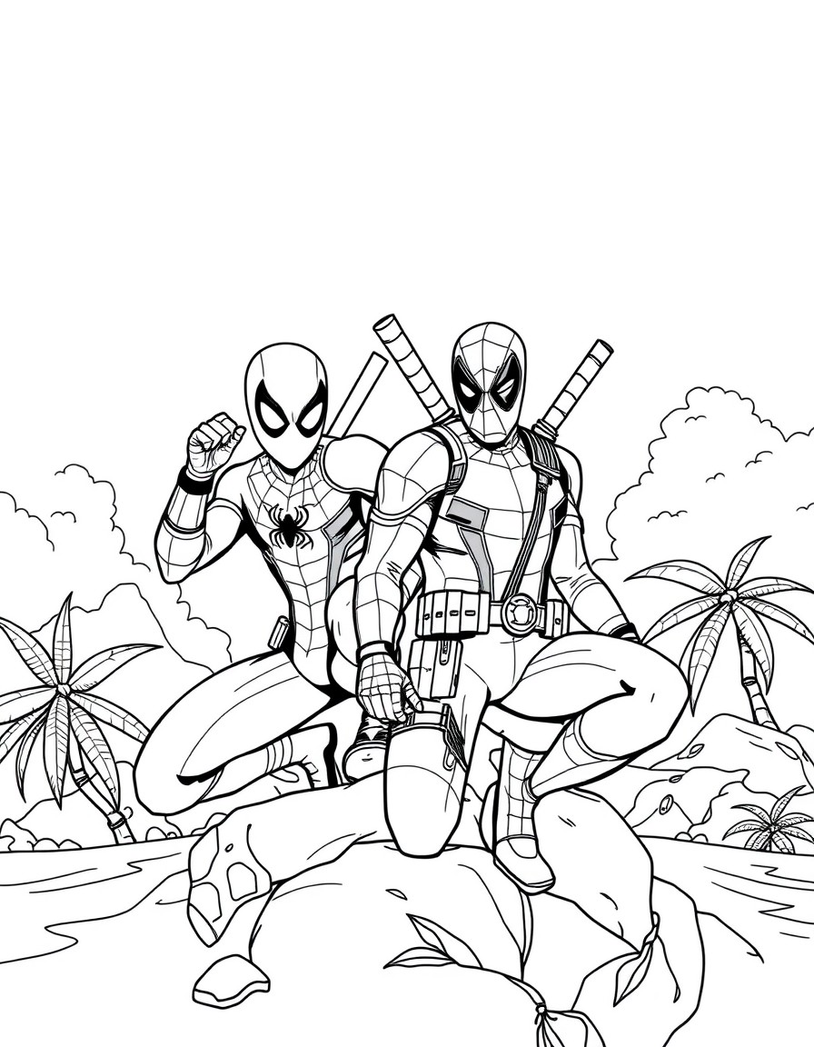 Spiderman and Deadpool caracters in a dream island