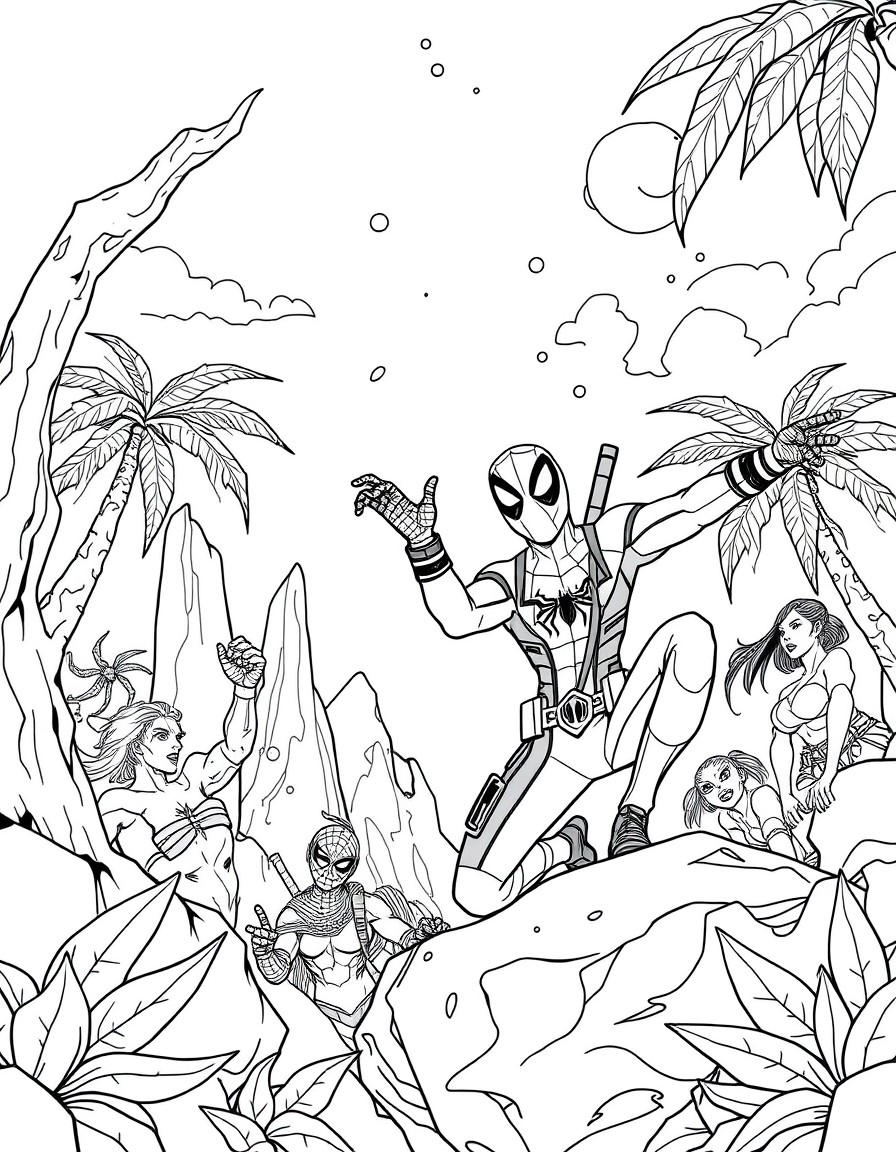 Spiderman and Deadpool caracters in a dream island