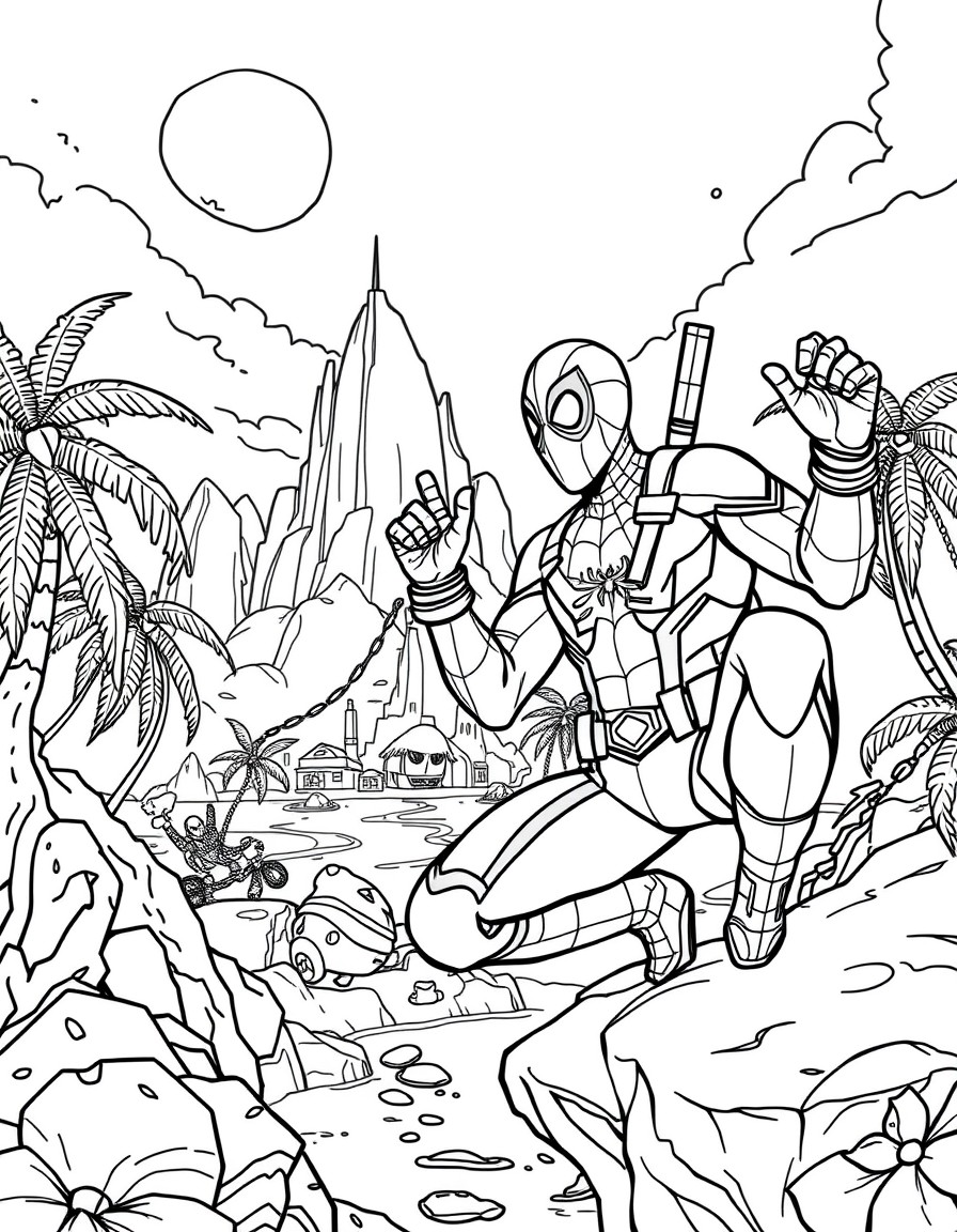 Spiderman and Deadpool caracters in a dream island